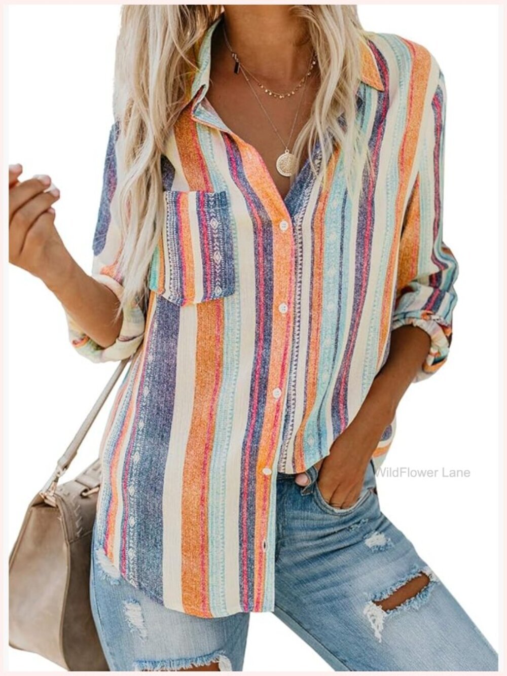 V Neck Striped Roll Up Sleeve Button Down Blouse Tops Long Sleeve